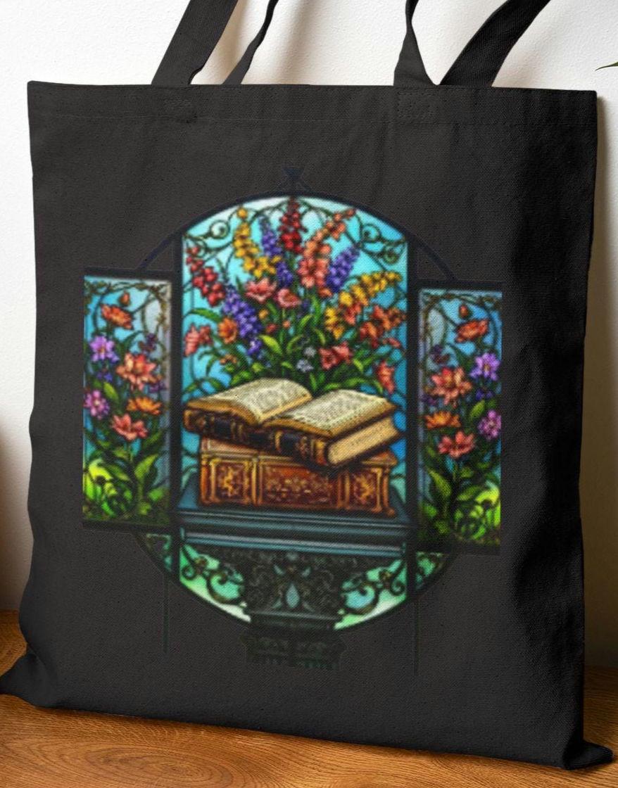 Bible Wildflower Stained Glass tote bag Religious Book Lover Gift Floral Art Design Christian Church Carryall Cotton Canvas Tote Bag Tote Bag – Easygoing Wear · Trending Graphic Apparel