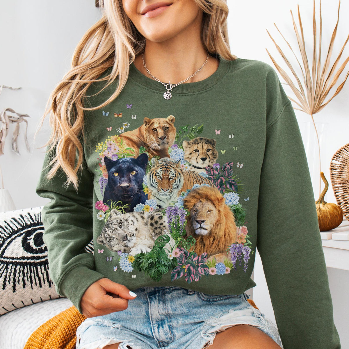 Colorful Big Cat Animal Lover Sweatshirt Wild Nineties Throwback Collage Art Shirt Trip to Zoo Lion Tiger Liger Shirt with Snow Leopard Sweatshirt – Warm & Stylish · Trending Graphic Apparel