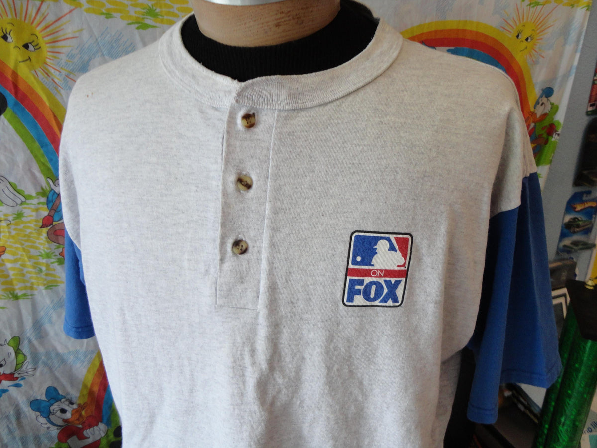 Vintage 90s MLB Baseball On Fox News Buttoned Grey T Shirt Size XL Graphic Tee – Fan Favorite · Great Gift For Fans
