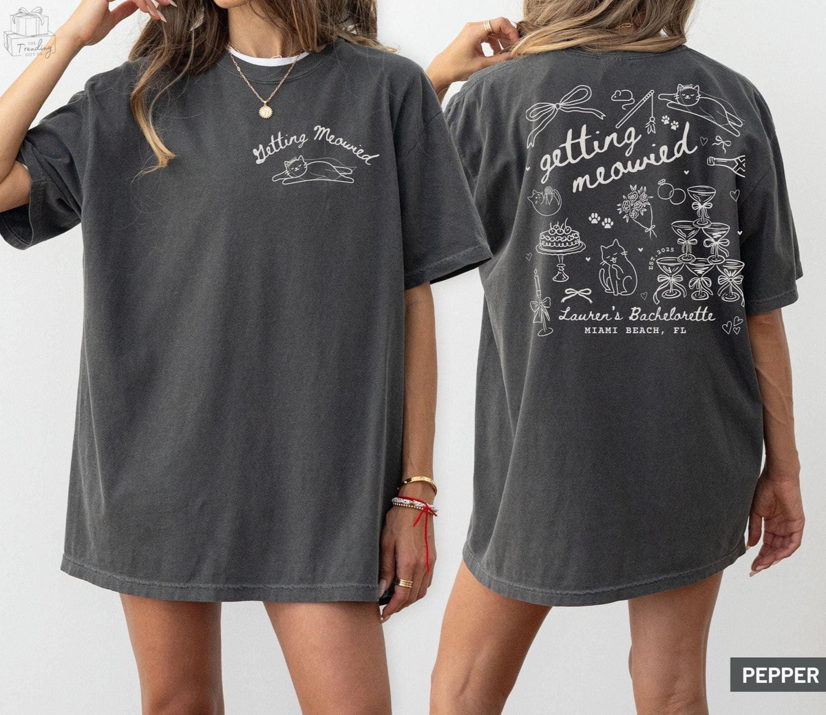 Cat Bachelorette Shirt Custom Getting Meowied Personalized Funny Cat Themed Bach Party Favors Here to Purrty Coquette Bow Bridesmaid Gifts Graphic Tee – Soft Feel · High-Quality Print