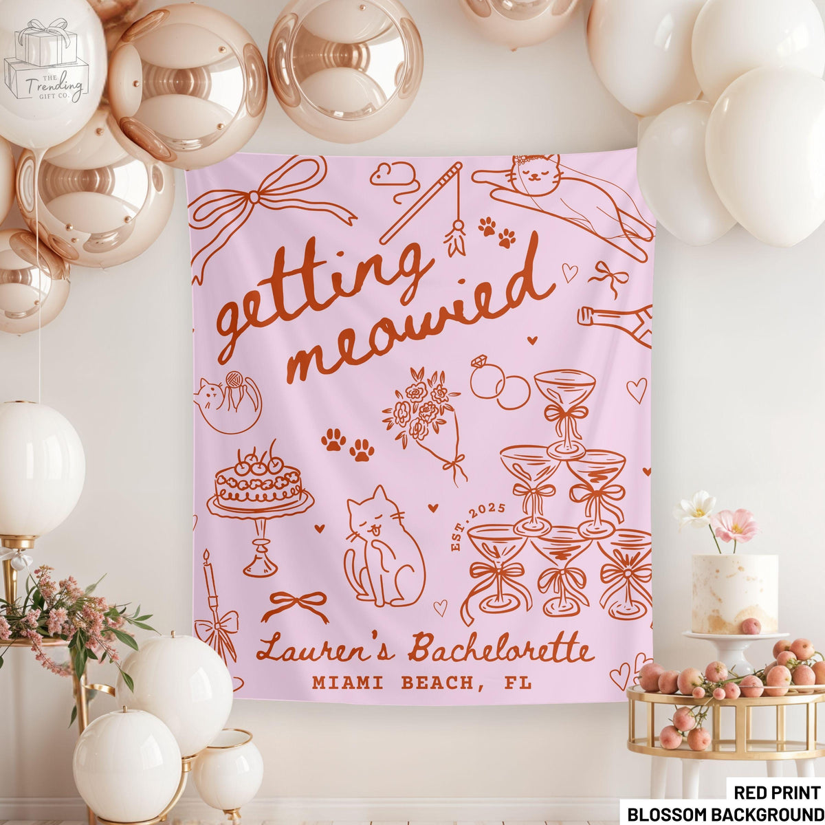 Cat Bachelorette Party Decor Custom Getting Meowied Welcome Sign Personalized Funny Cat Themed Bach Party Tapestry Here to Purrty Banner Graphic Tee – Premium Graphic · Must-Have Style