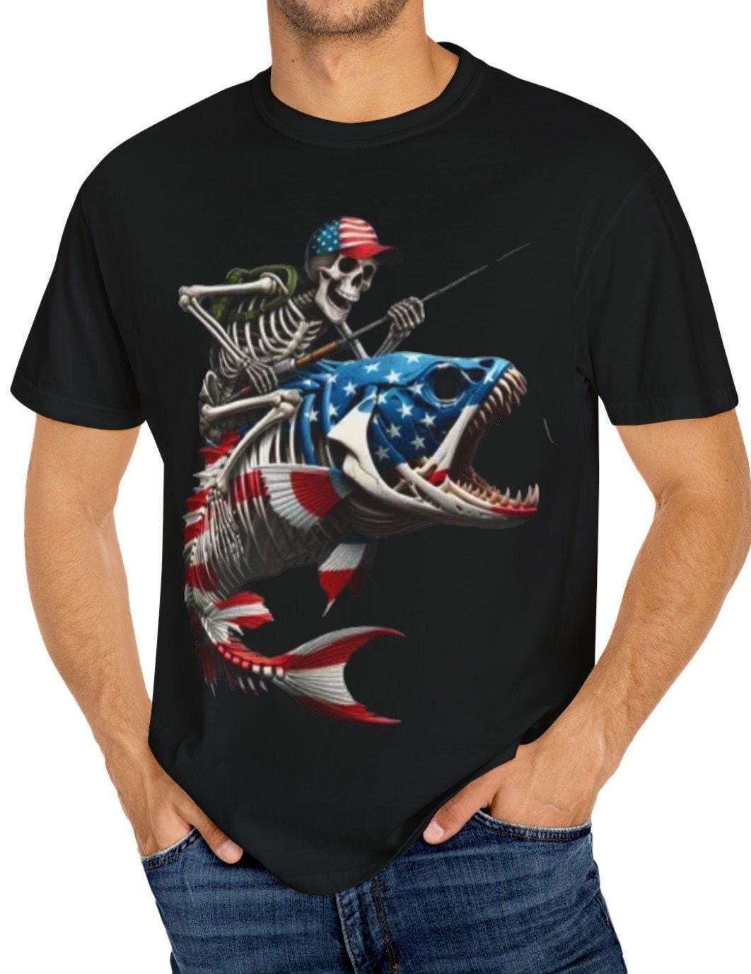 Patriotic Fishing Skeleton T shirt Unique Graphic Tee Unisex Summer Shirt Perfect for Gifts Holiday Celebrations comfort color T Shirt Graphic Tee – Cozy Vibes · Great Gift For Fans