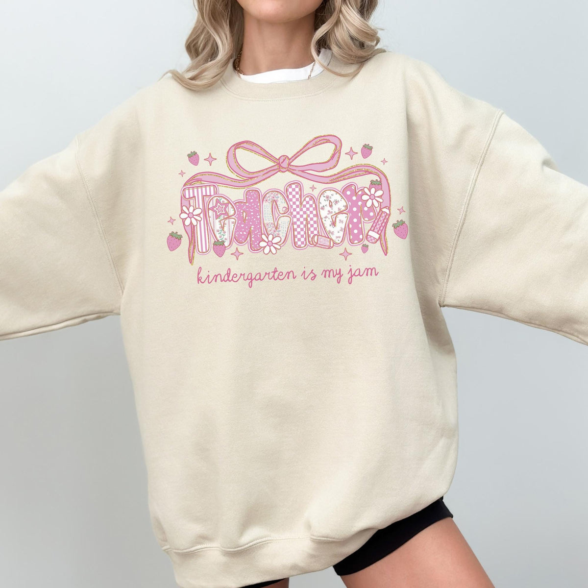 Kindergarten Teacher Sweatshirt for Kindergarten Squad or Crew Floral Boho Strawberry Shirt with Messy Coquette Bow Fruit Lover Teacher Sweatshirt – Everyday Comfort · Perfect For Daily Wear