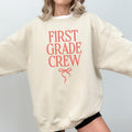 First Grade Crew Matching Teacher Sweatshirt with Messy Coquette Bow Colorful First Grade Teacher Shirt Back to School Meet the Teacher Sweatshirt – Cozy Vibes · Perfect For Daily Wear