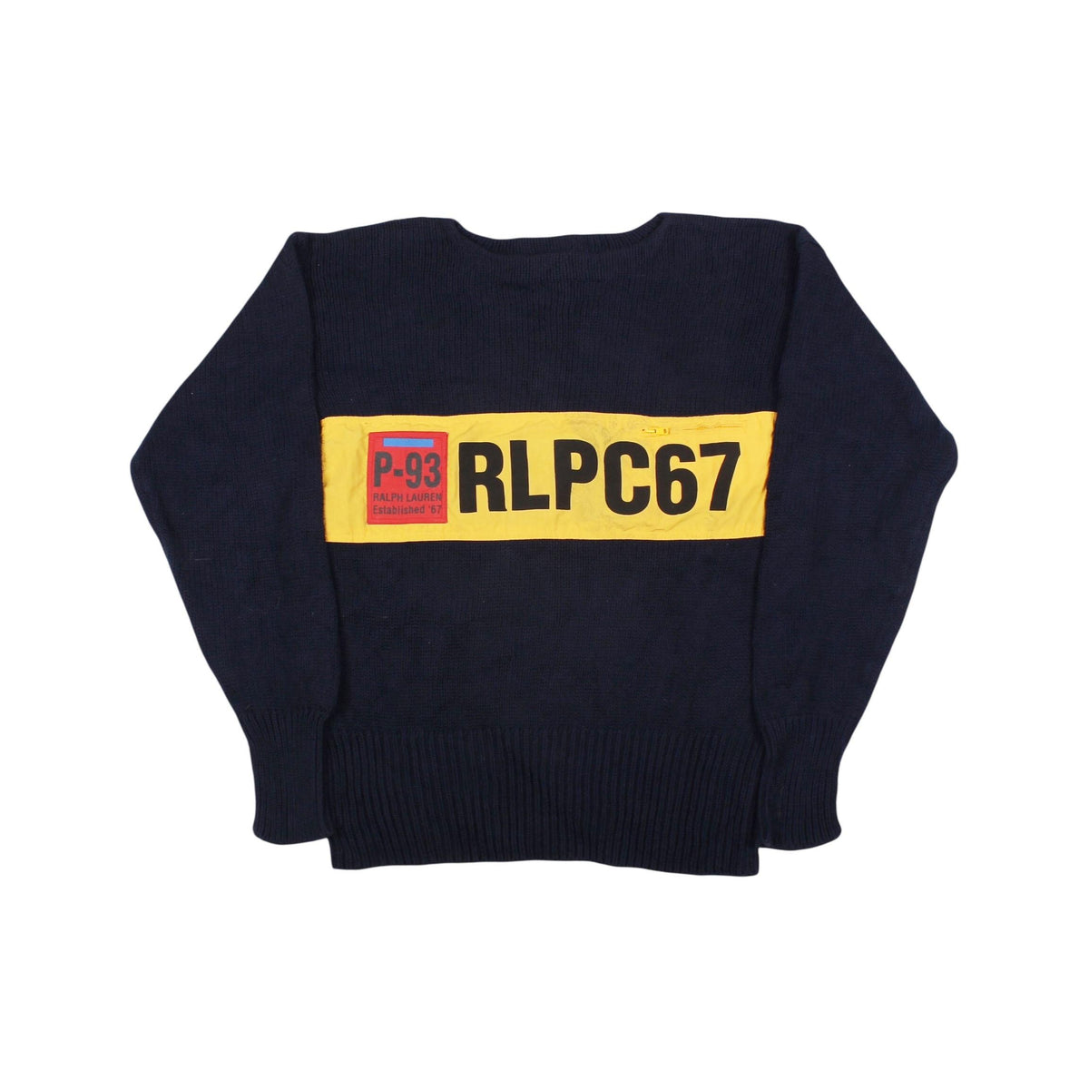Vintage Polo Ralph Lauren RLPC67 P 93 Knit Sweater Navy Yellow Patch 90s Rare Pullover Size M Graphic Tee – Bold Style · Must-Have Style