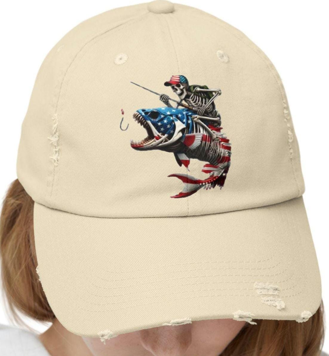 Patriotic Fishing Cap American Fishing Cap Skeleton Fisherman Hat Summer Sports Hat Outdoor fishing Gear Gift for Dads Distressed cap Graphic Tee – Easygoing Wear · Trending Graphic Apparel