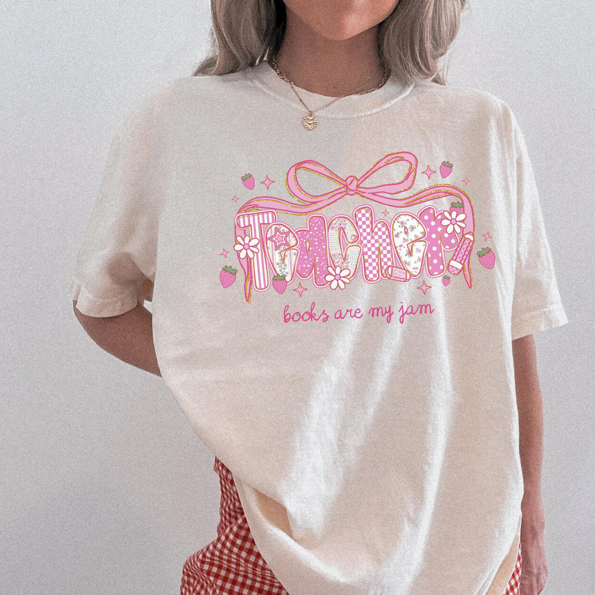 School Librarian Tee Shirt for Reading Teacher Squad or Crew Floral Boho Strawberry TShirt with Messy Coquette Bow Fruit Lover Teacher Graphic Tee – Cozy Vibes · Perfect For Daily Wear