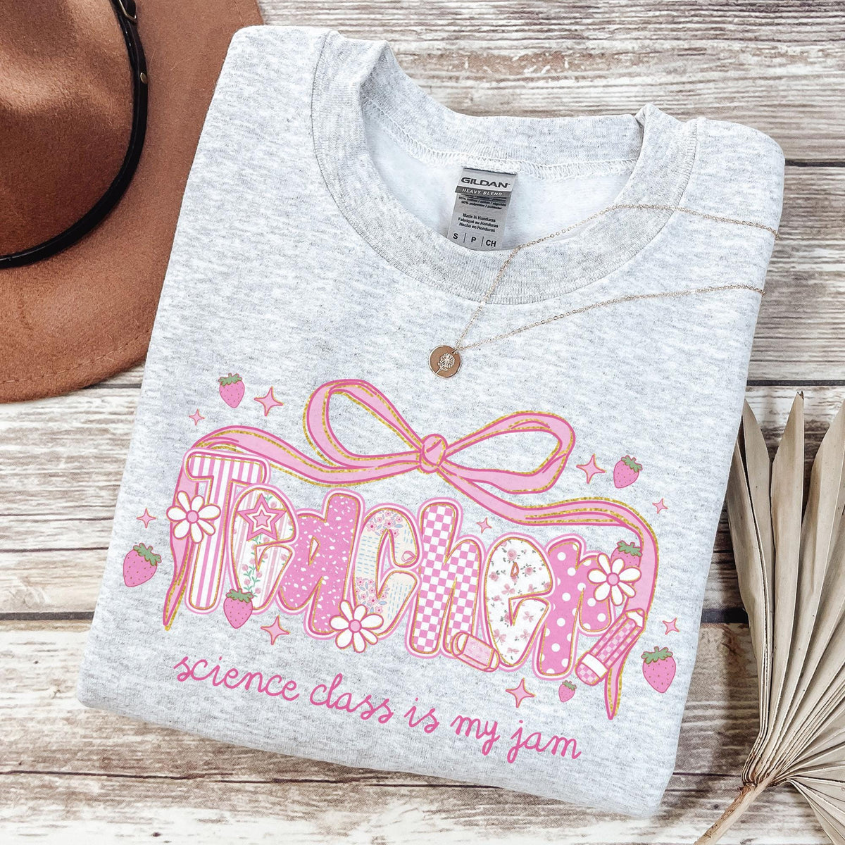 Science Teacher Sweatshirt Science Department Squad or Crew Floral Boho Strawberry Crewneck with Messy Coquette Bow Fruit Lover Teacher Sweatshirt – Bold Style · Great Gift For Fans
