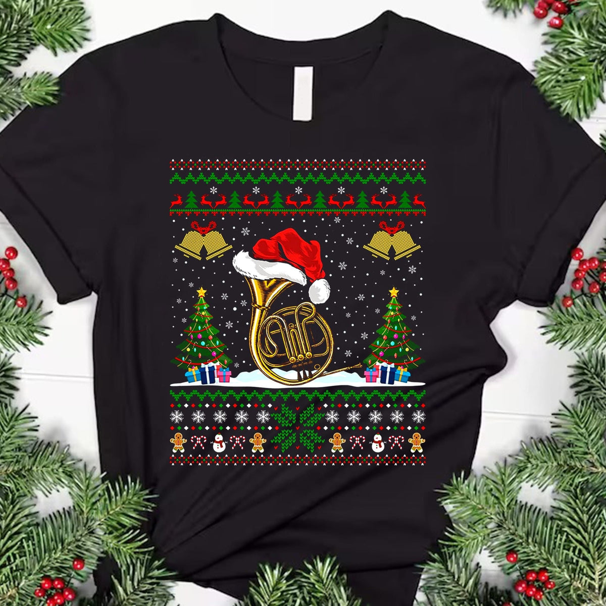 Santa French Horn Ugly Xmas Sweatshirt French Horn Player Shirt French Horn Lover Christmas Shirt Ugly Christmas Shirt French Horn Gift Sweatshirt – Easygoing Wear · Perfect For Daily Wear