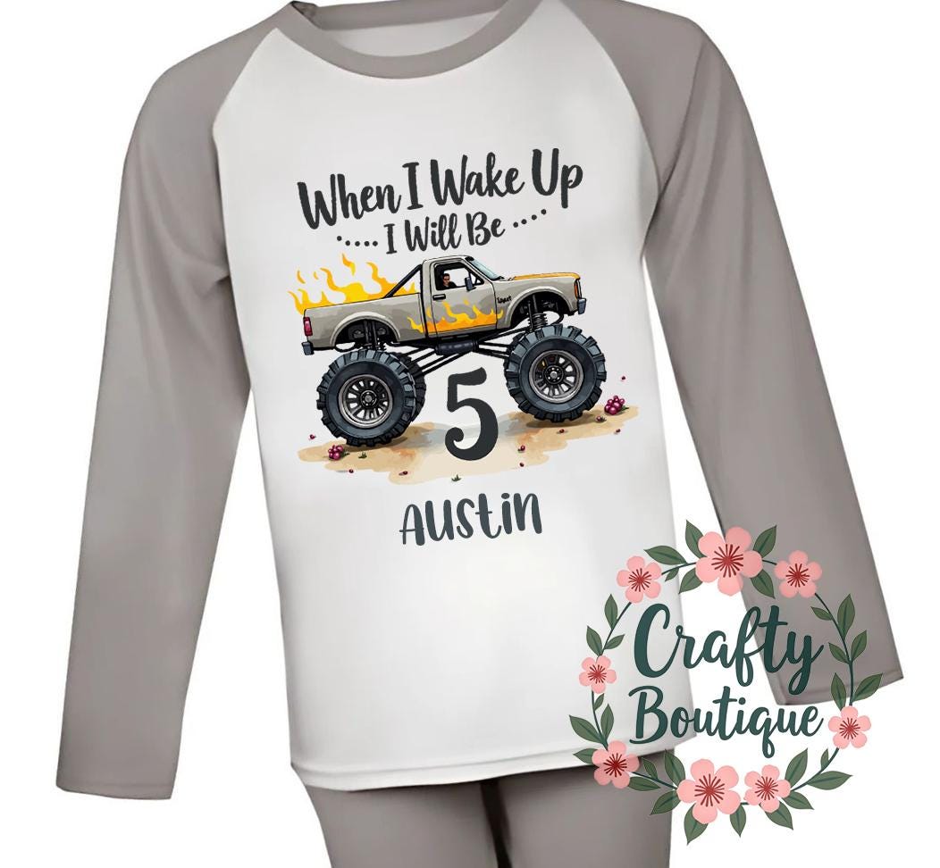 5th Birthday PJs When I Wake Up I Will Be Five Monster Truck Pajamas Fifth Birthday Gift Personalised Name Nightwear Car Theme 1397 Graphic Tee – Feel-Good Design · Top Pick For Any Outfit