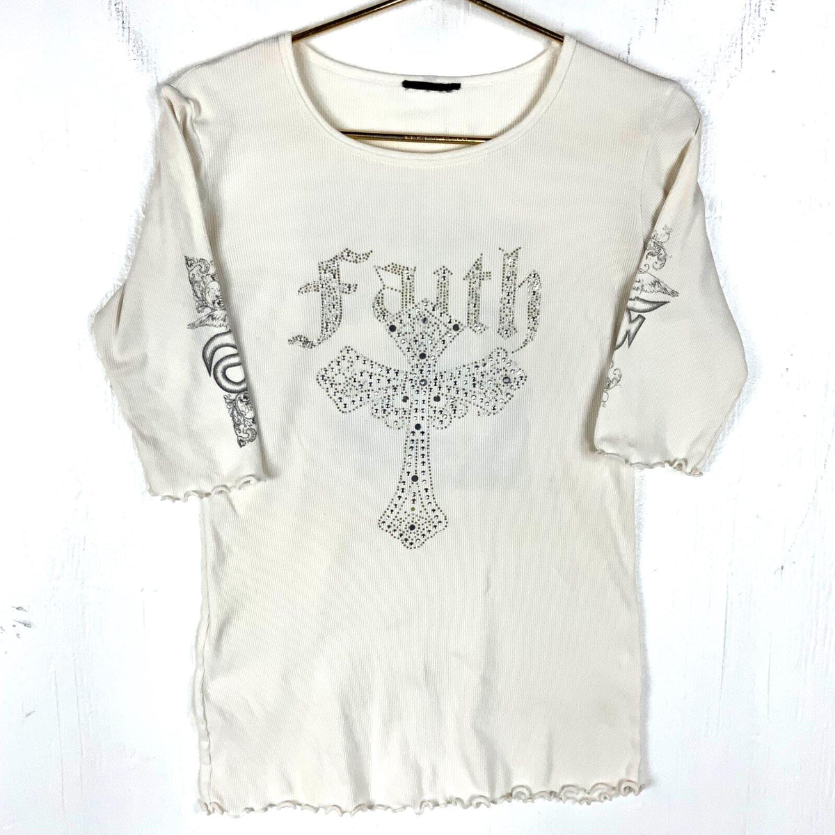 Vintage Y2k Womens Cross TShirt Medium White Angel Bedazzled Graphic Tee – Premium Graphic · High-Quality Print
