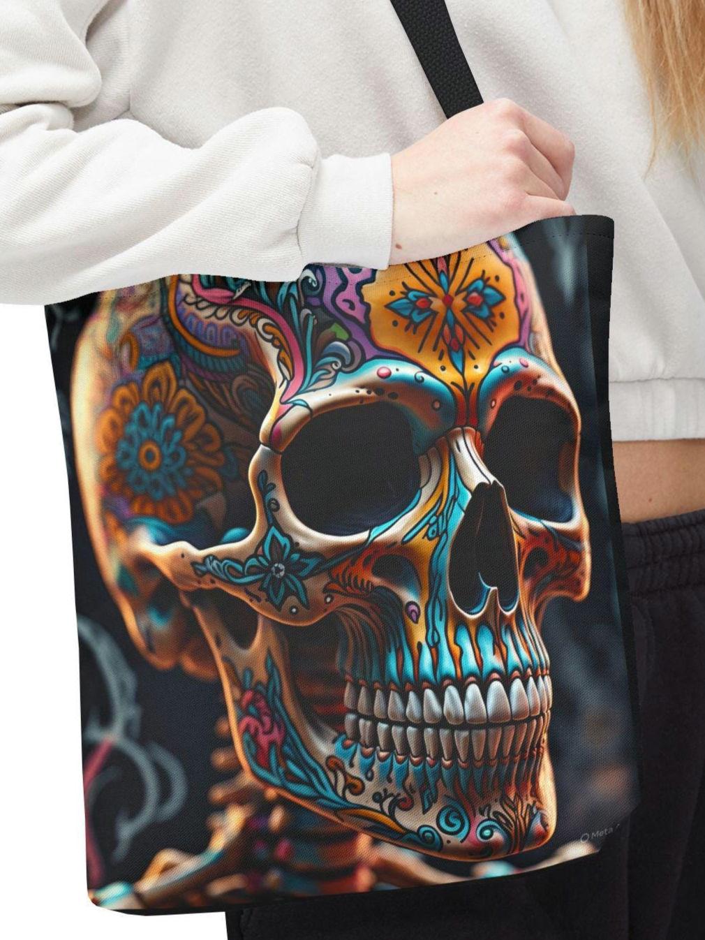 Skull Wildflower Tattoo Tote Bag Gothic Floral Shoulder Bag Alternative Carryall Boho Beach Tote Spooky Shopping Bag Halloween Purse Tote Bag – Aesthetic Look · Must-Have Style