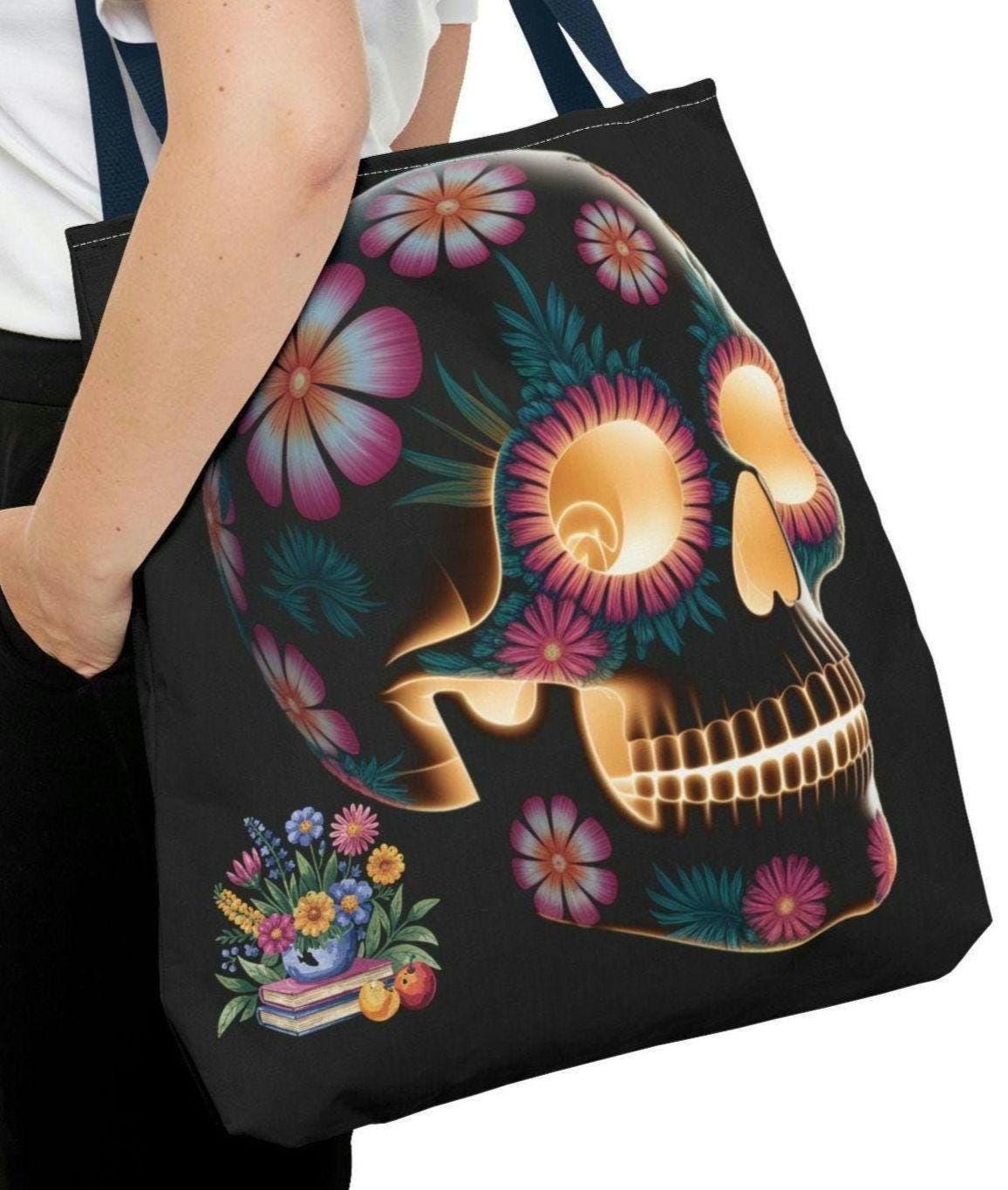Day of the Dead Floral Skull Tote Bag Gothic Shopping Bag Eco Friendly Handbag Unique Gift Festival Accessory Boho Style Tote Bag – Feel-Good Design · Trending Graphic Apparel
