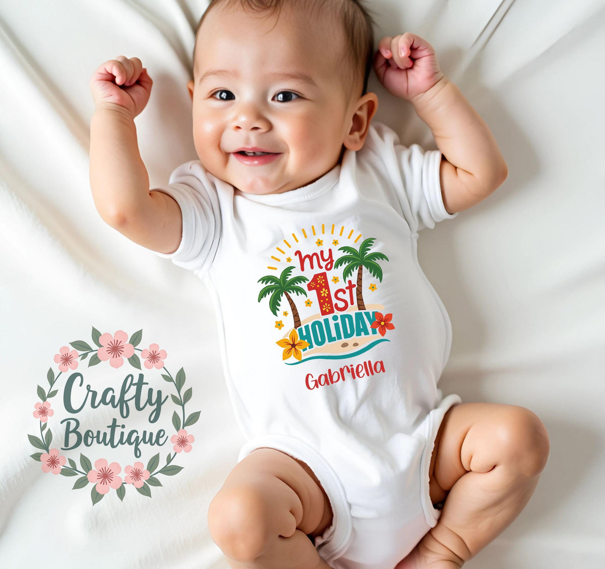 My First Holiday Baby Grow 1st Holiday Baby Vest Personalised Baby Gift Kids 1st Holiday Tshirt Summer Outfit Baby Boy Gift 1372 Graphic Tee – Soft Feel · Trending Graphic Apparel