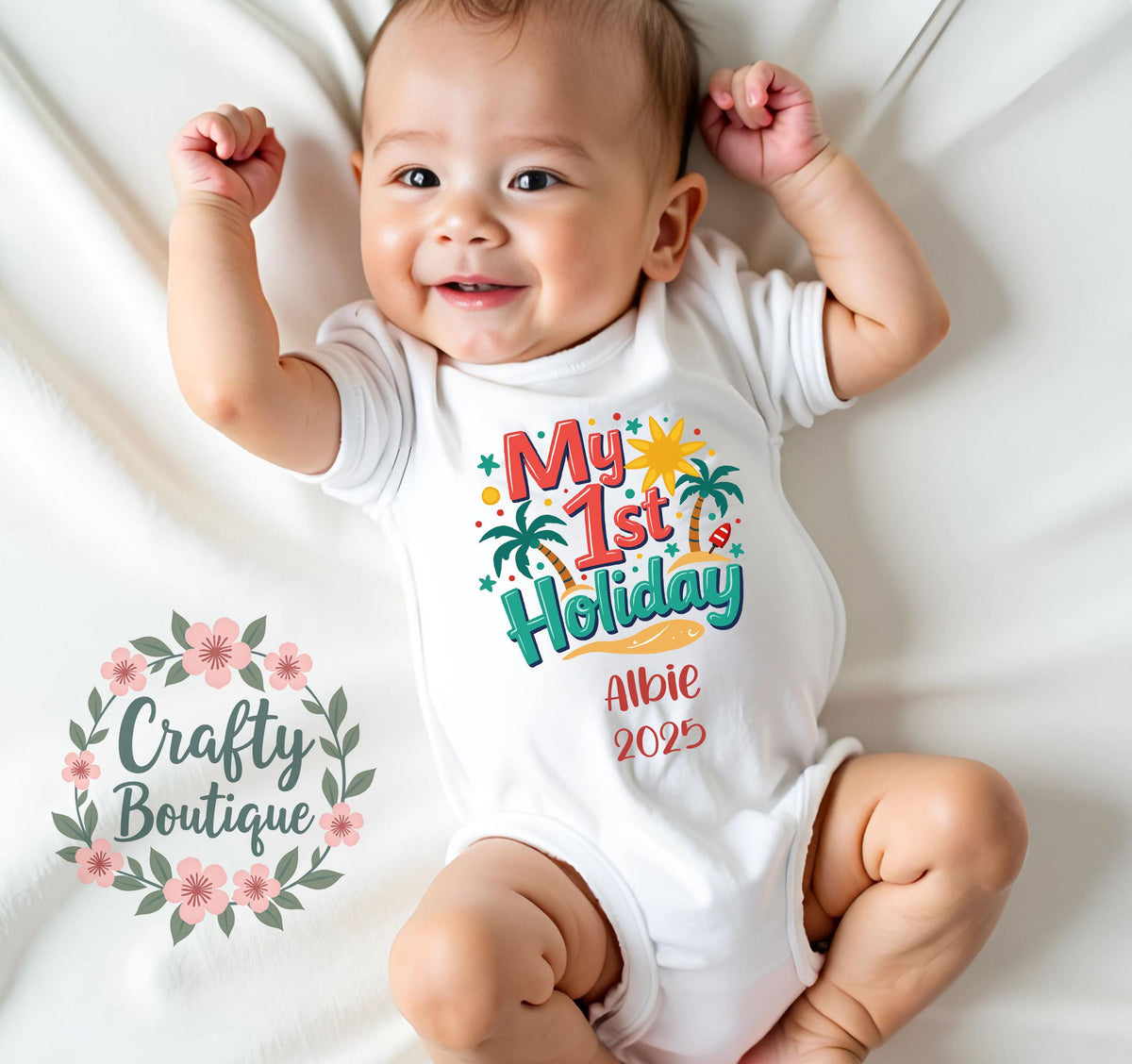 My First Holiday Baby Grow 1st Holiday Baby Vest Personalised Baby Gift Kids 1st Holiday Tshirt Summer Outfit Baby Boy Gift 1375 Graphic Tee – Premium Graphic · Perfect For Daily Wear