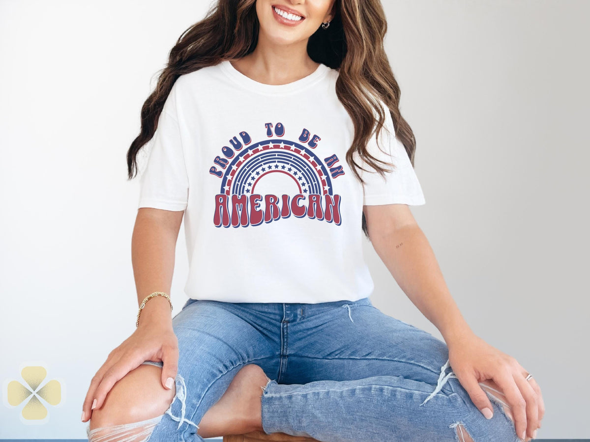 Proud to Be an American T Shirt Retro Rainbow 4th of July Tee USA Patriotic Shirt Vintage Red White Blue Graphic Top Graphic Tee – Soft Feel · High-Quality Print