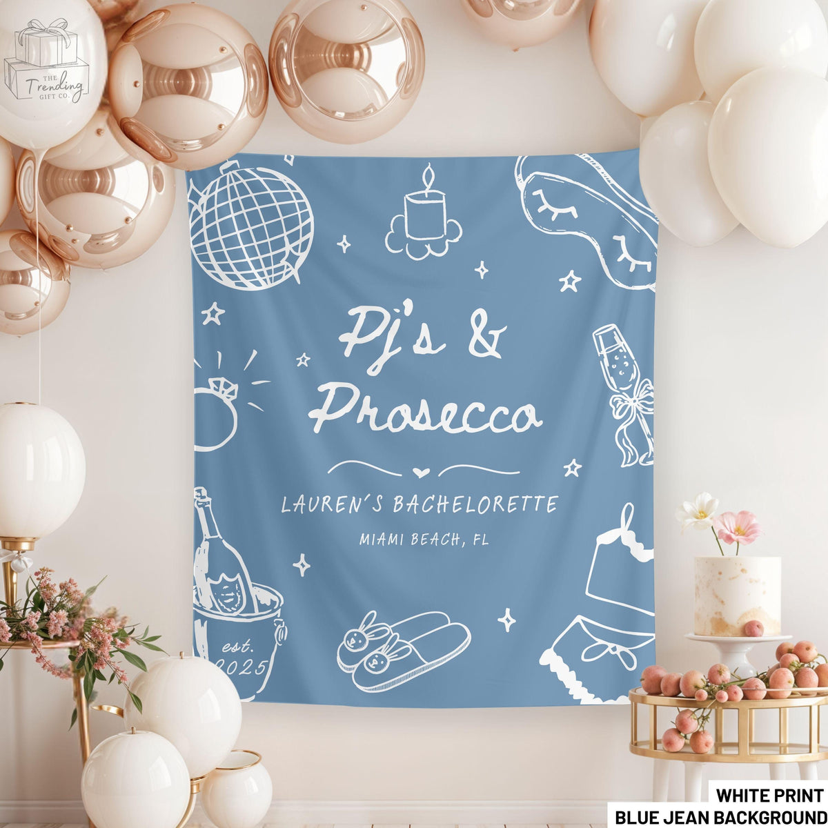 Pj39s and Prosecco Bachelorette Party Banner Champagne Slumber Party Backdrop Decoration Custom Bach Tapestry Spa Bridal Shower Welcome Sign Graphic Tee – Easygoing Wear · Trending Graphic Apparel
