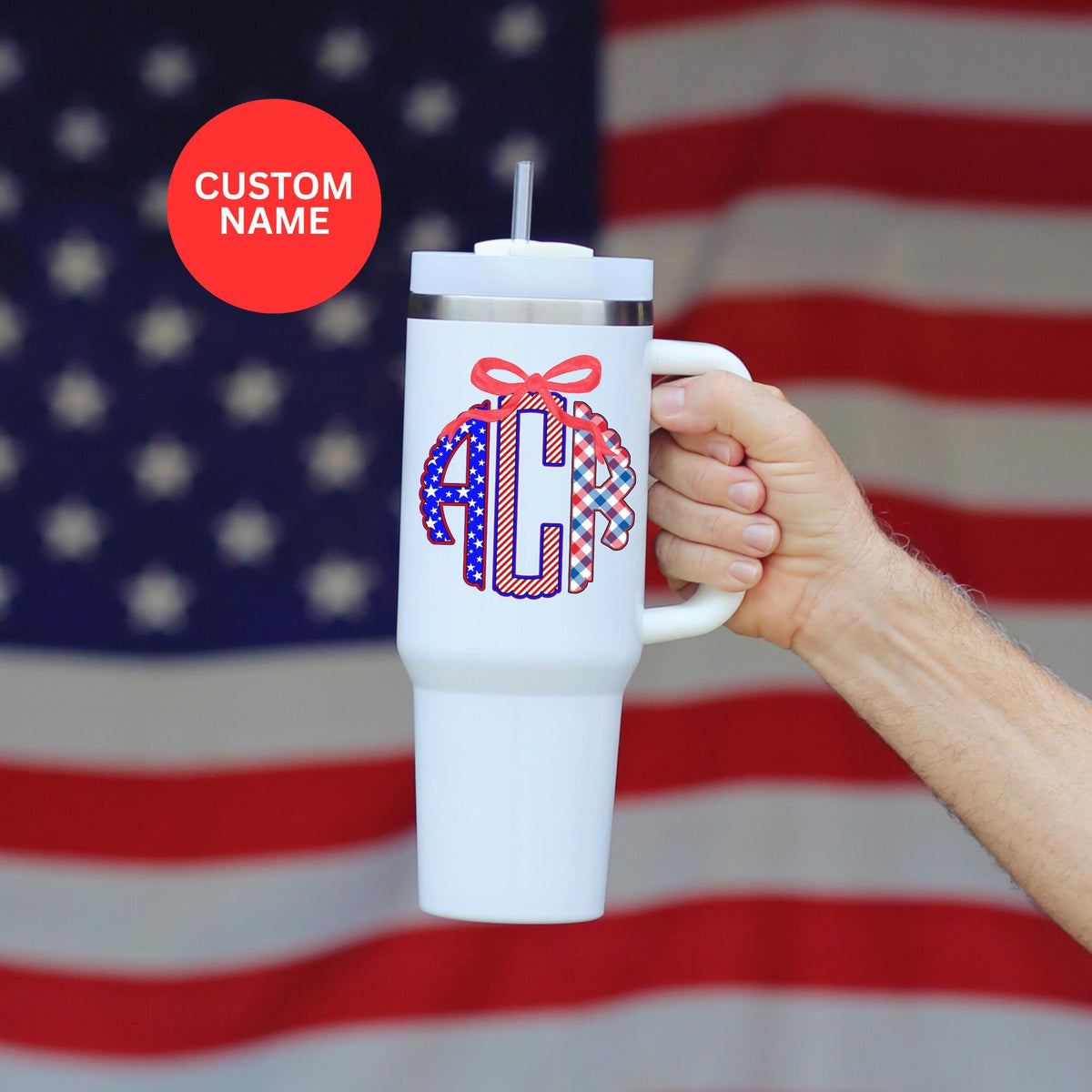 40oz Tumbler Monogrammed Tumbler Custom Tumbler Patriotic Tumbler with Handle July 4th Tumbler July 4th 40 oz Tumbler Graphic Tee – Aesthetic Look · High-Quality Print