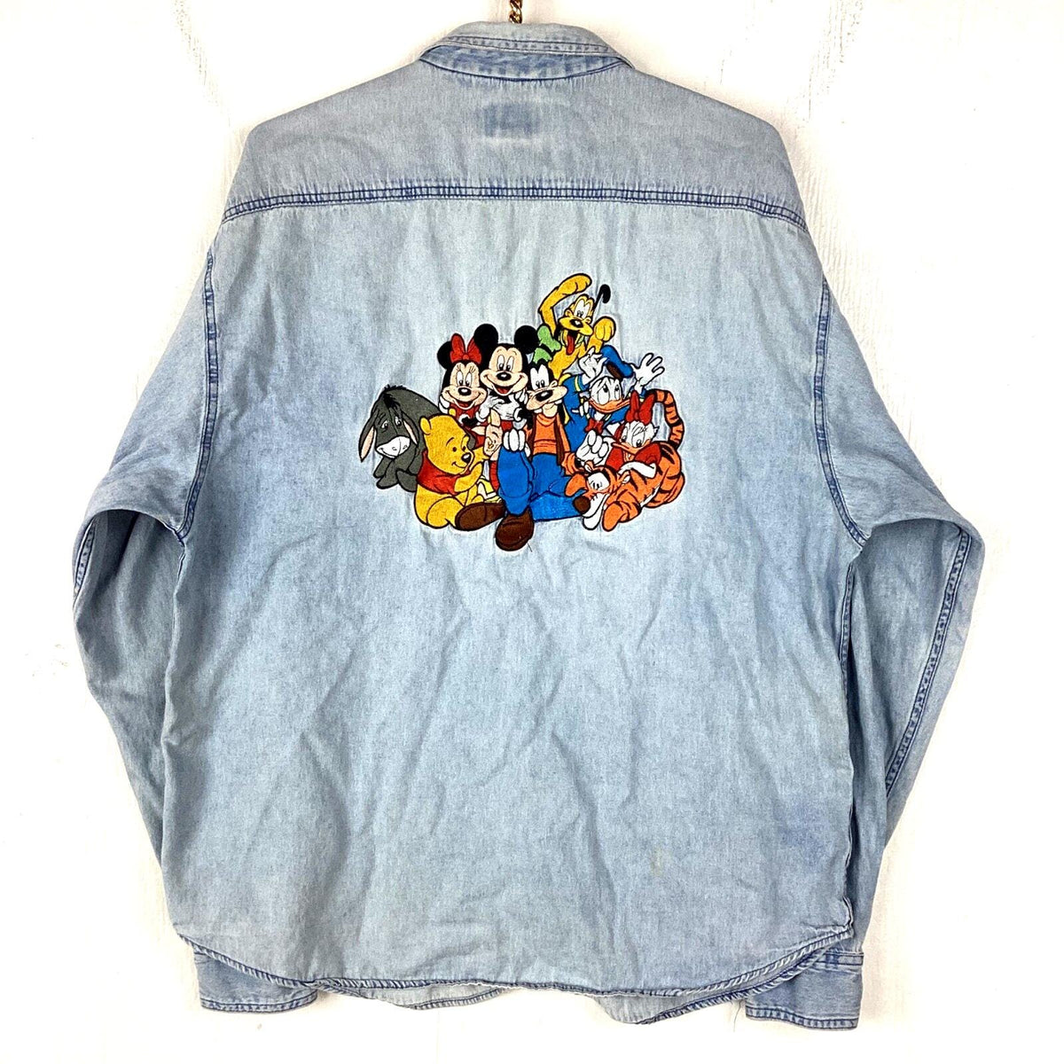Vintage Disney Mickey Mouse Friends Denim Shirt Size XL Blue Long Sleeve Graphic Tee – Soft Feel · High-Quality Print