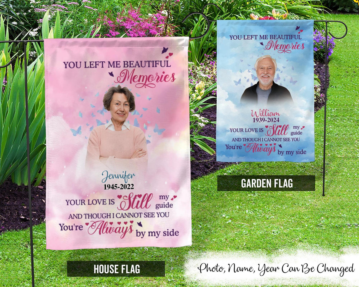 Personalized Memorial Garden Flag Memorial Sympathy Gift You Left Me Beautiful Memories Garden Memorial Cemetery Decor Grave Banner Graphic Tee – Easygoing Wear · Top Pick For Any Outfit