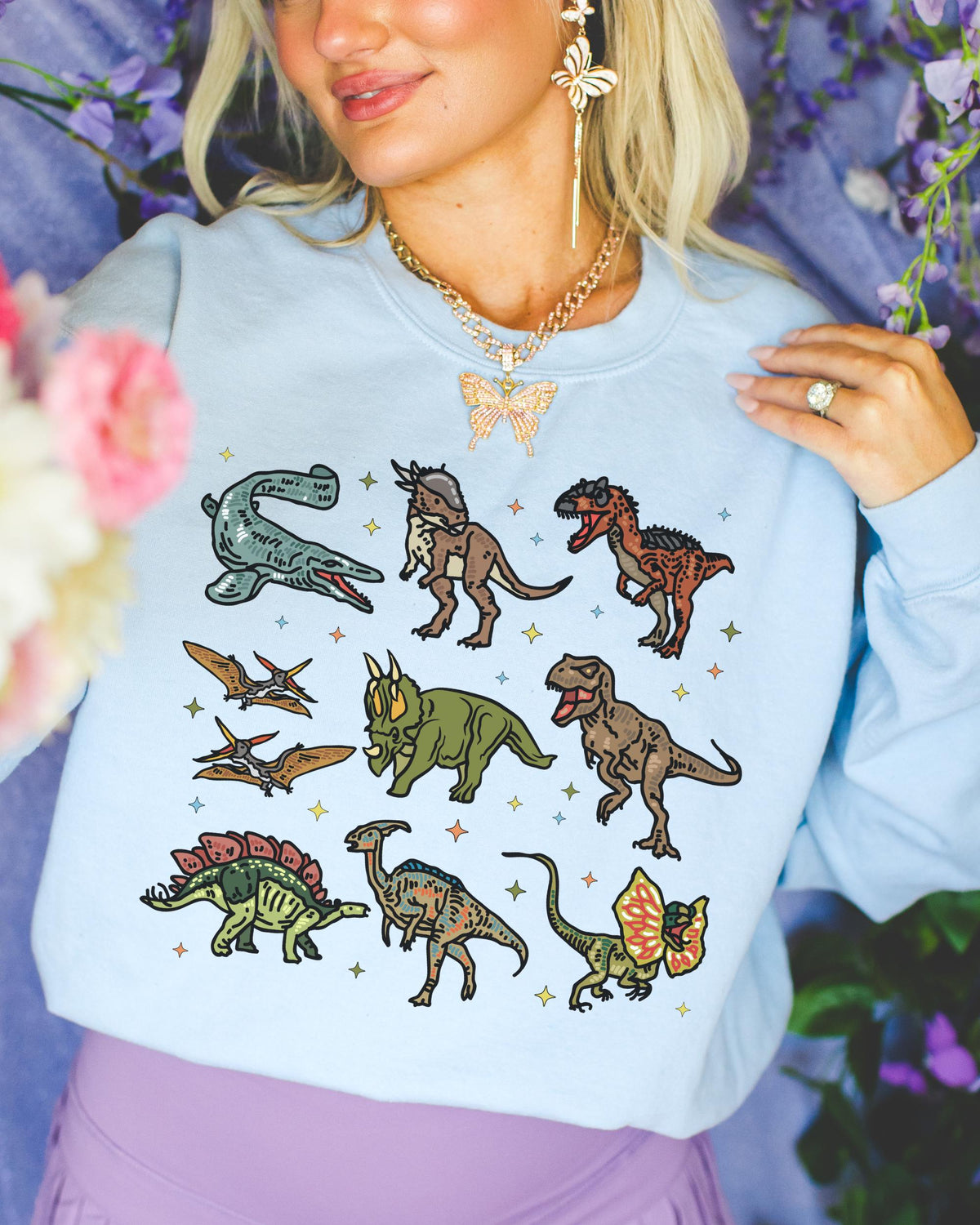 Doodle Dinosaur Sweatshirt with Stars Shirt for Dinosaur Lovers of All Ages with Cute Retro Aesthetic Stars 90s Vibe Cute Birthday Gift Sweatshirt – Cozy Vibes · High-Quality Print