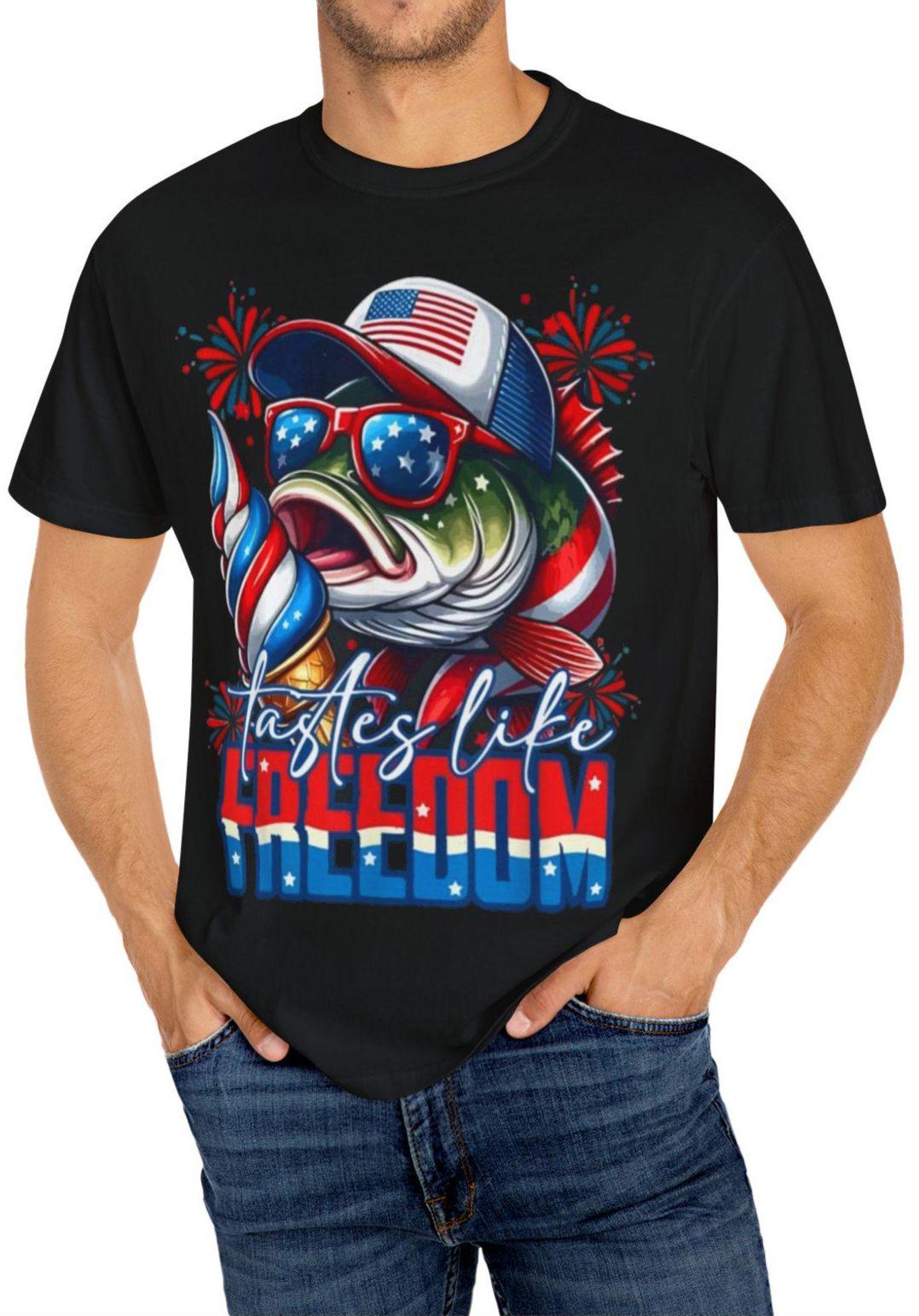 Patriotic Freedom Fish T Shirt Unisex Garment Dyed Tee for Independence DayFishing Trips comfort color shirt 4th of July Shirt USA Tee Graphic Tee – Warm & Stylish · Must-Have Style