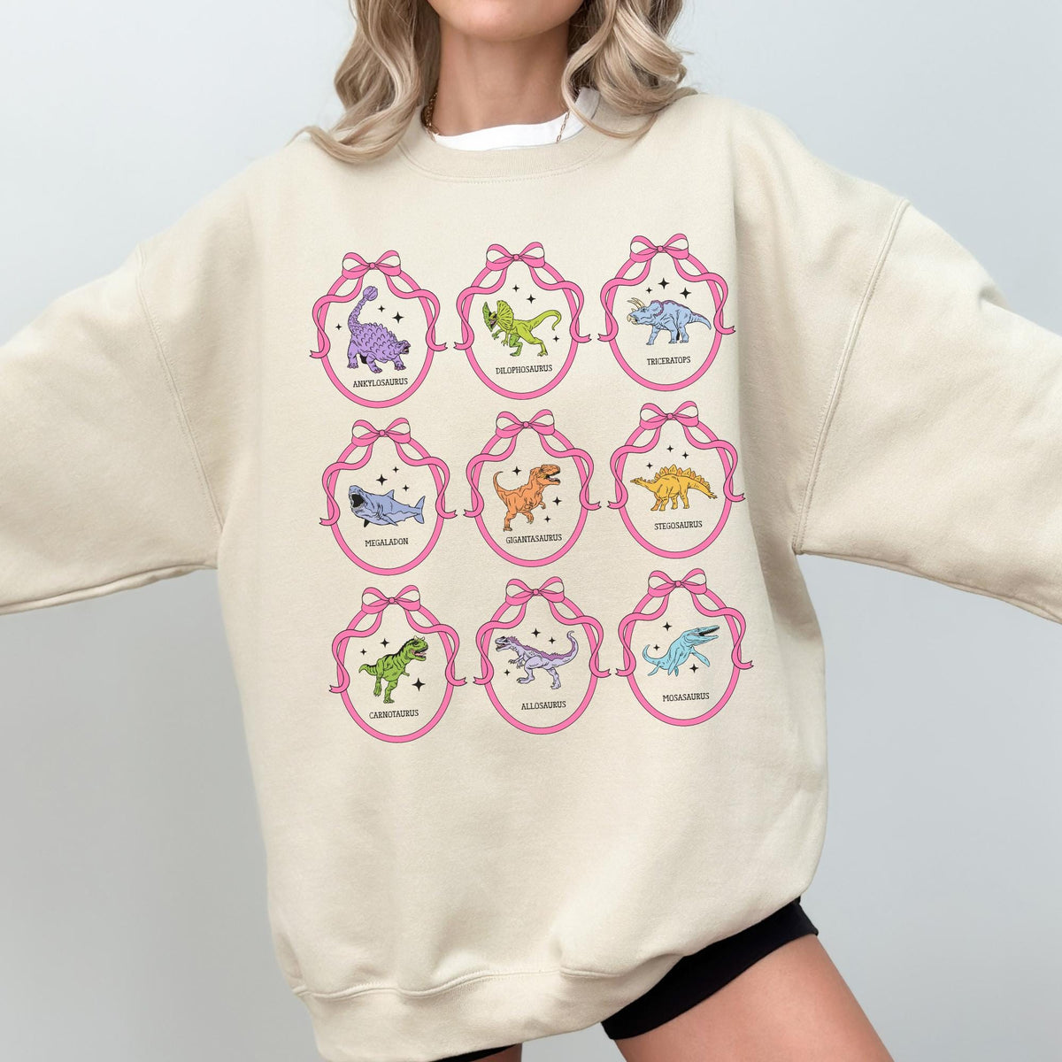 Dinosaur Lover Sweatshirt with Cute Coquette Ribbons and Retro Aesthetic Stars Cute Birthday Gift Cozy Animal Lover Paleontologist Shirt Sweatshirt – Premium Graphic · High-Quality Print
