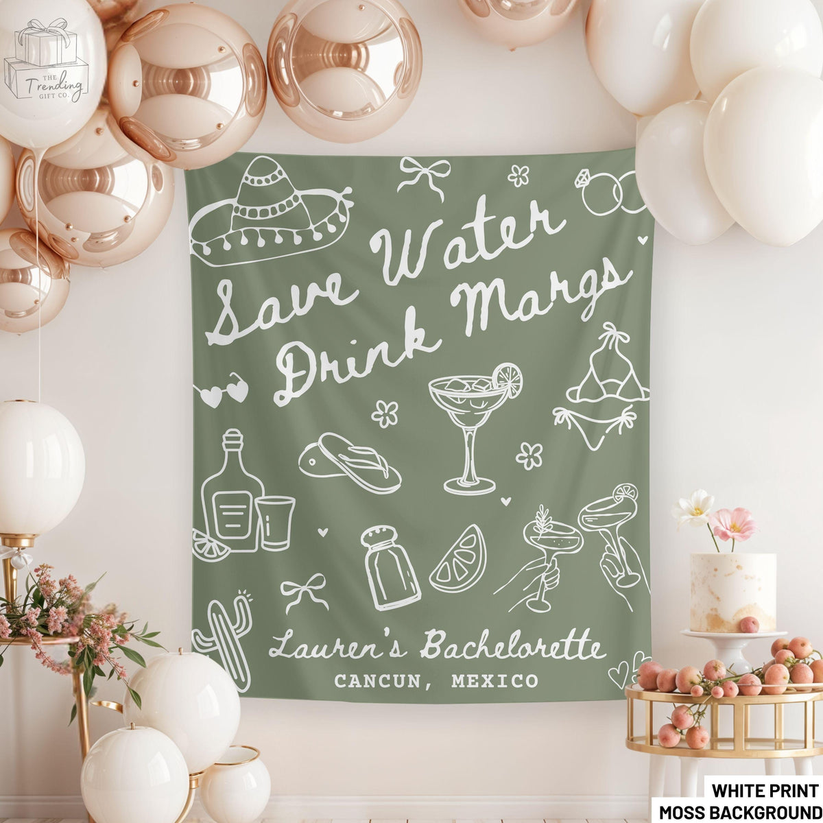 Save Water Drink Margs Bachelorette Banner Mexico Bach Decor Custom Bachelorette Backdrop Beach Bridal Shower Tapestry Margarita Sign Graphic Tee – Fan Favorite · Top Pick For Any Outfit