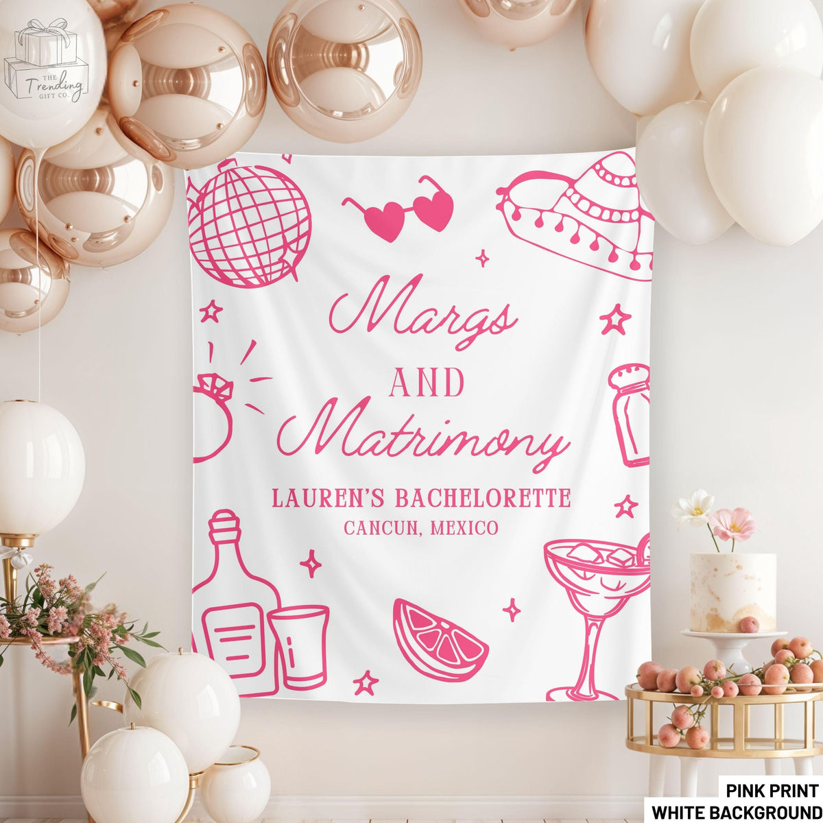 Margs and Matrimony Bachelorette Mexico Bach Banner Custom Bachelorette Backdrop Beach Bridal Shower Decorations Margarita Welcome Sign Graphic Tee – Feel-Good Design · Trending Graphic Apparel