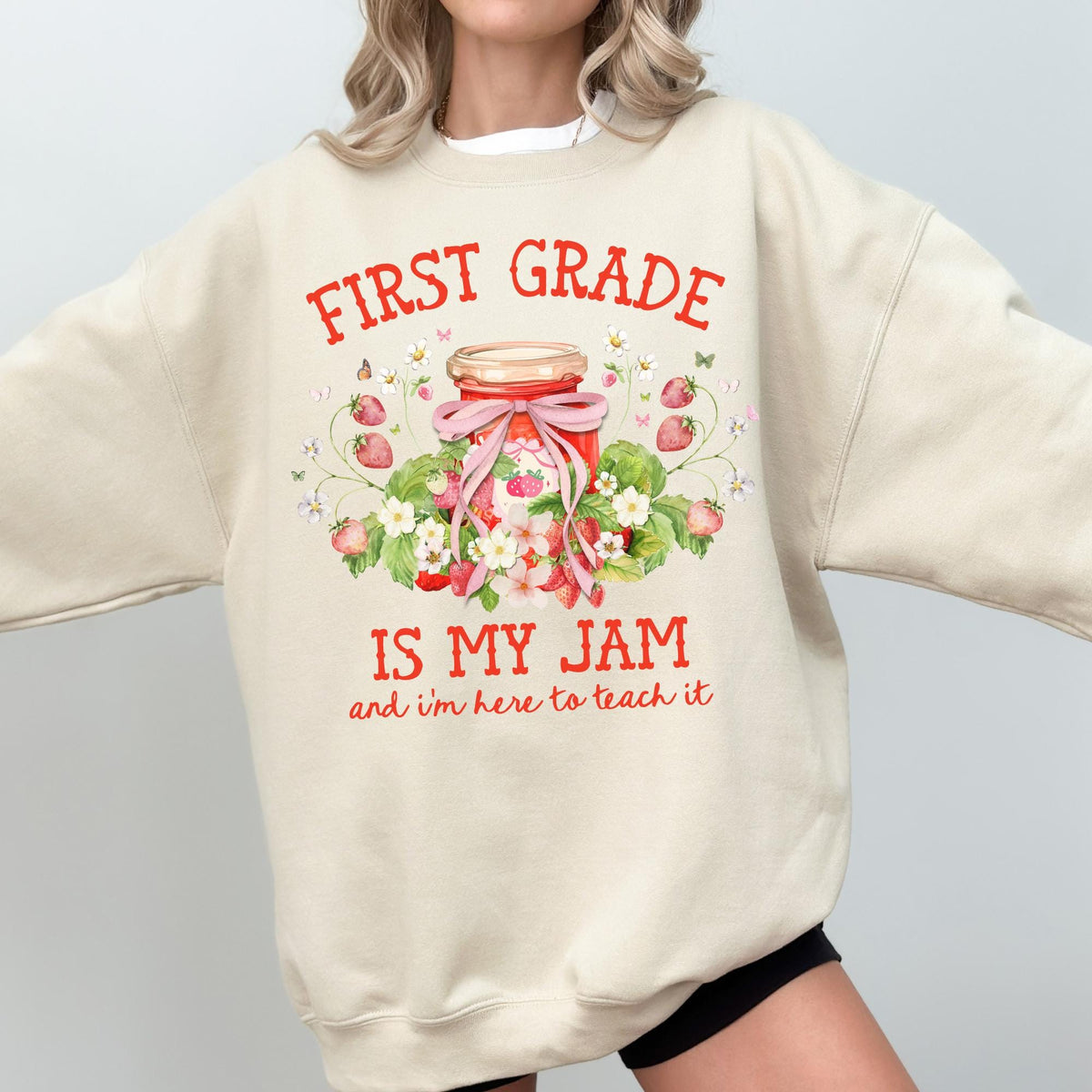 First Grade Teacher Sweatshirt with Strawberries First Grade is My Jam Matching Back to School Meet the Teacher Shirt First Grade Crew Sweatshirt – Feel-Good Design · Perfect For Daily Wear