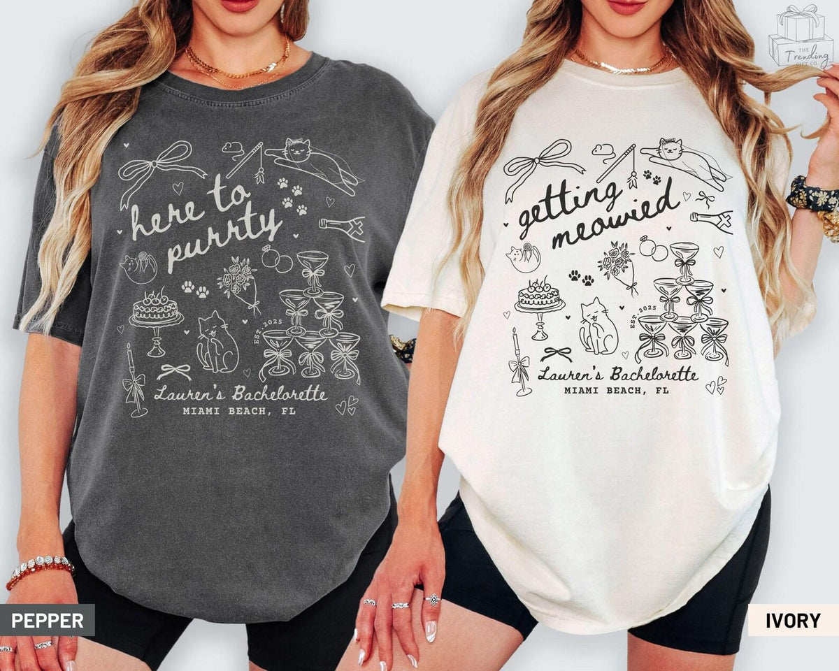 Personalized Cat Bachelorette Shirt Custom Getting Meowied Funny Cat Themed Bach Party Favors Here to Purrty Coquette Bow Bridesmaid Gifts Graphic Tee – Soft Feel · Top Pick For Any Outfit