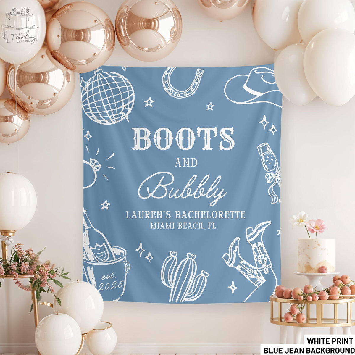 Boots and Bubbly Bridal Shower BannerWestern Wedding Shower TapestryCustom Bachelorette Welcome Sign Champagne Themed Backdrop Bach Decor Graphic Tee – Everyday Comfort · Trending Graphic Apparel