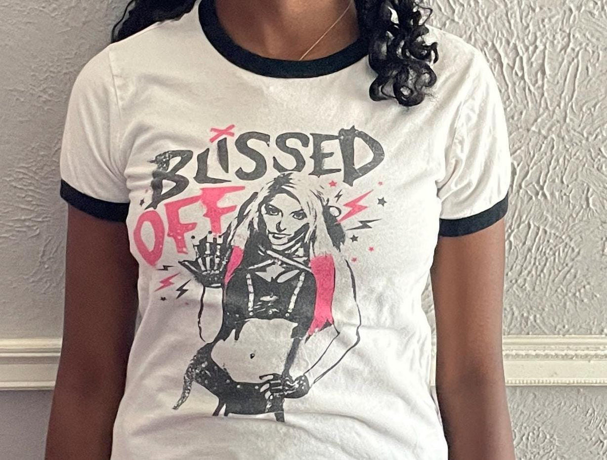 WWE Alexa Bliss Blissed Off Wrestling Graphic Ringer Tshirt modeled size S Graphic Tee – Easygoing Wear · Trending Graphic Apparel