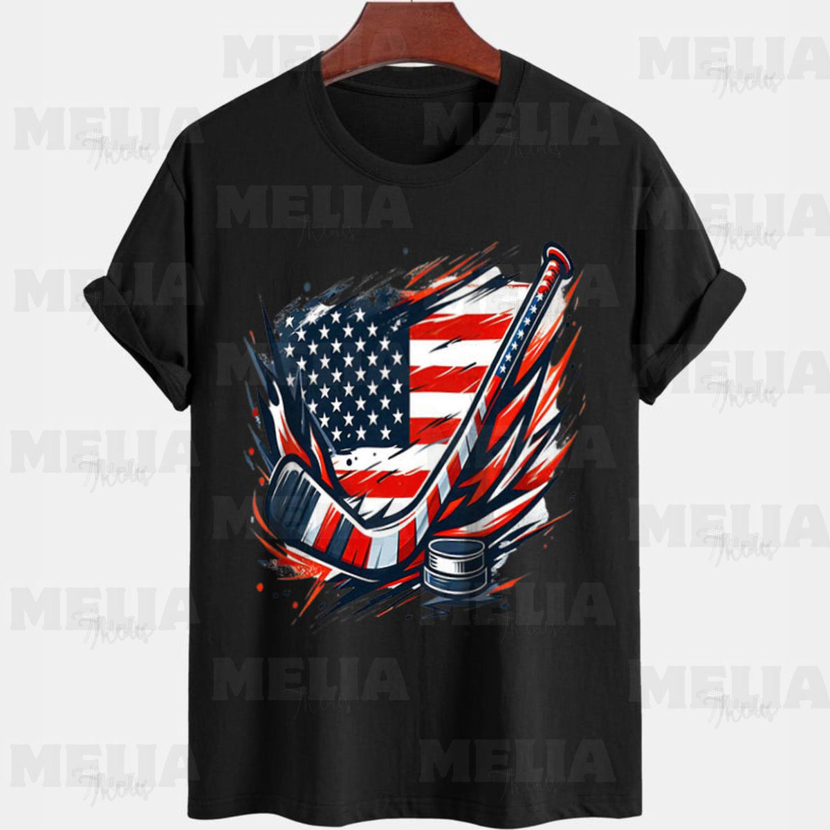 Patriotic Ice Hockey PNG Design for T shirts Apparel 4th of July USA Flag PNG for Independence Day Veterans Day National Holidays Graphic Tee – Everyday Comfort · High-Quality Print