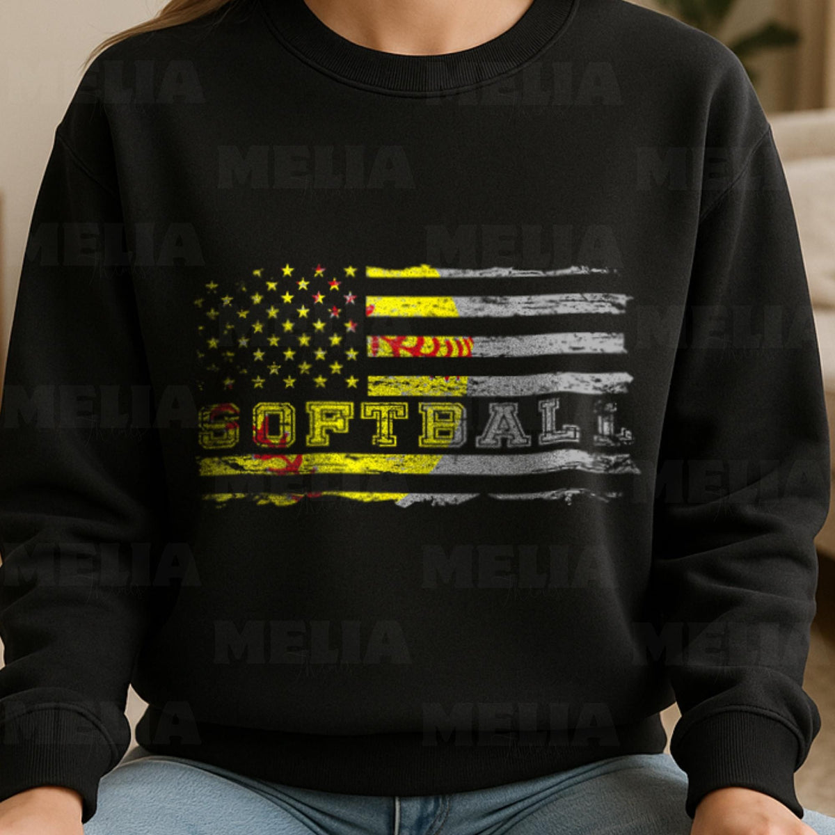 Distressed American Flag Softball PNG Design for T Shirt Printing Patriotic Softball Team Sublimation Clipart Digital Download Print Graphic Tee – Soft Feel · Great Gift For Fans