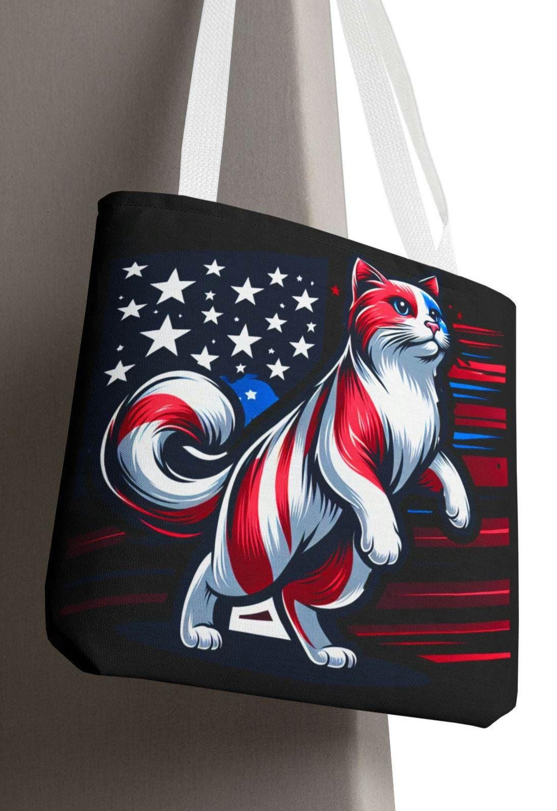 Patriotic Cat Tote Bag American Flag AOP Design Perfect for Pet Lovers Independence Day Everyday Use Gifts Tote Bag – Cozy Vibes · Perfect For Daily Wear