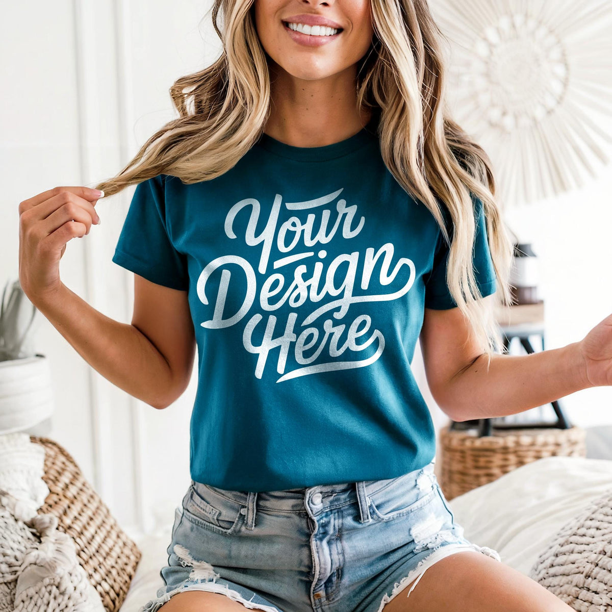 Deep Teal Bella Canvas 3001 T Shirt Mockup 3001 Bella Canvas Model Mockup Shirt Bella Canvas T Shirt Deep Teal Mockup Aesthetic Boho Tee Graphic Tee – Soft Feel · High-Quality Print