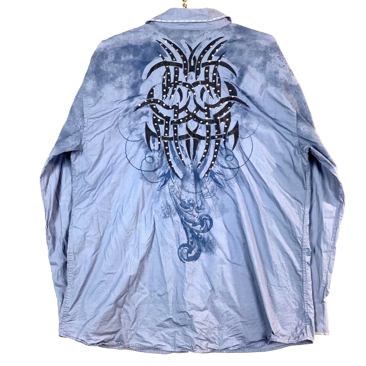 Vintage Y2K Embroidered Shirt XL Grey Long Sleeve Button Up Tribal Rhinestone Graphic Tee – Warm & Stylish · Trending Graphic Apparel