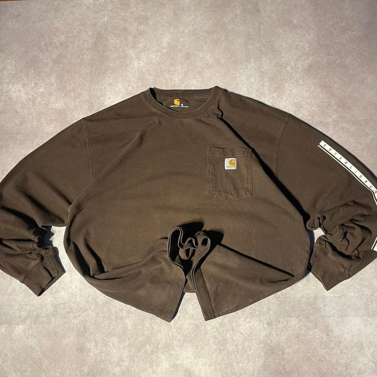 Vintage Brown Carhartt Embroidered Pocket Long Sleeve Shirt Graphic Tee – Cozy Vibes · Trending Graphic Apparel