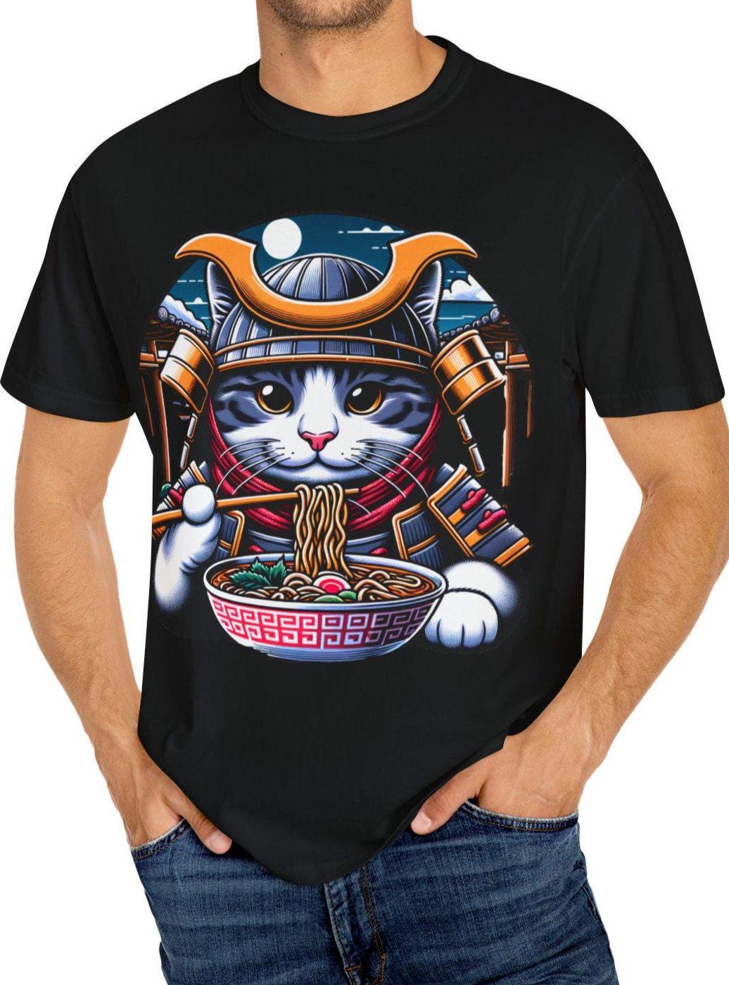 Samurai Cat Ramen Noodle comfort color T Shirt Cute Cat Shirt Anime Cat Tee Gift for Cat Lovers Funny Graphic Tee Unisex Casual Wear Graphic Tee – Warm & Stylish · Great Gift For Fans