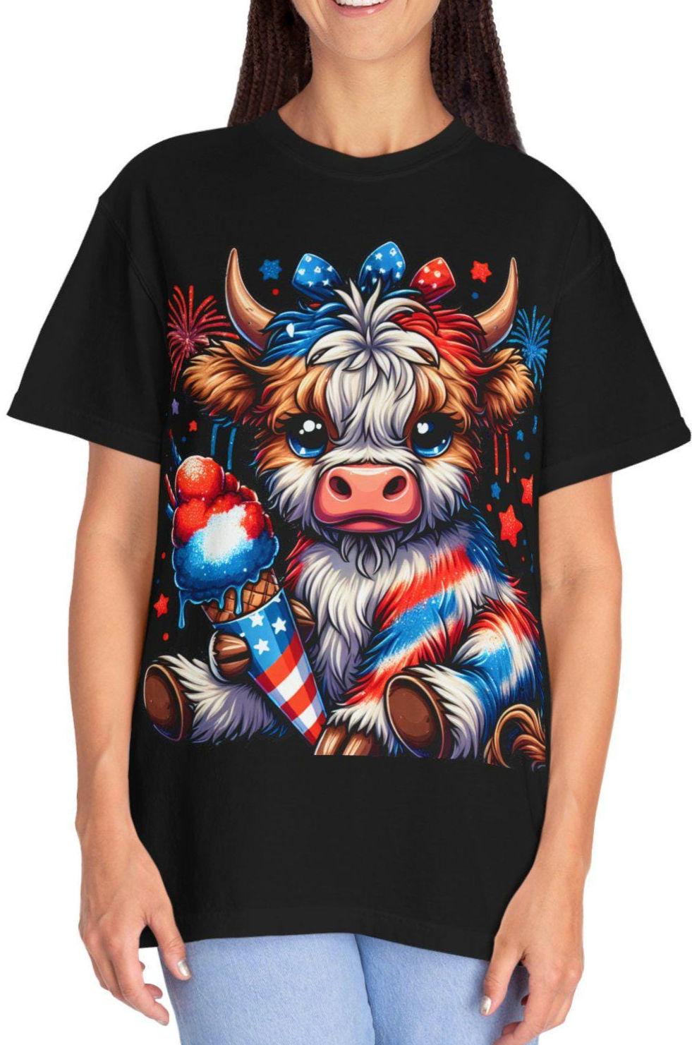 Patriotic Highland Cow T Shirt Unisex Summer Tee August BBQ Shirt Fourth of July Apparel Fun Holiday Gift Graphic Tee – Fan Favorite · Perfect For Daily Wear