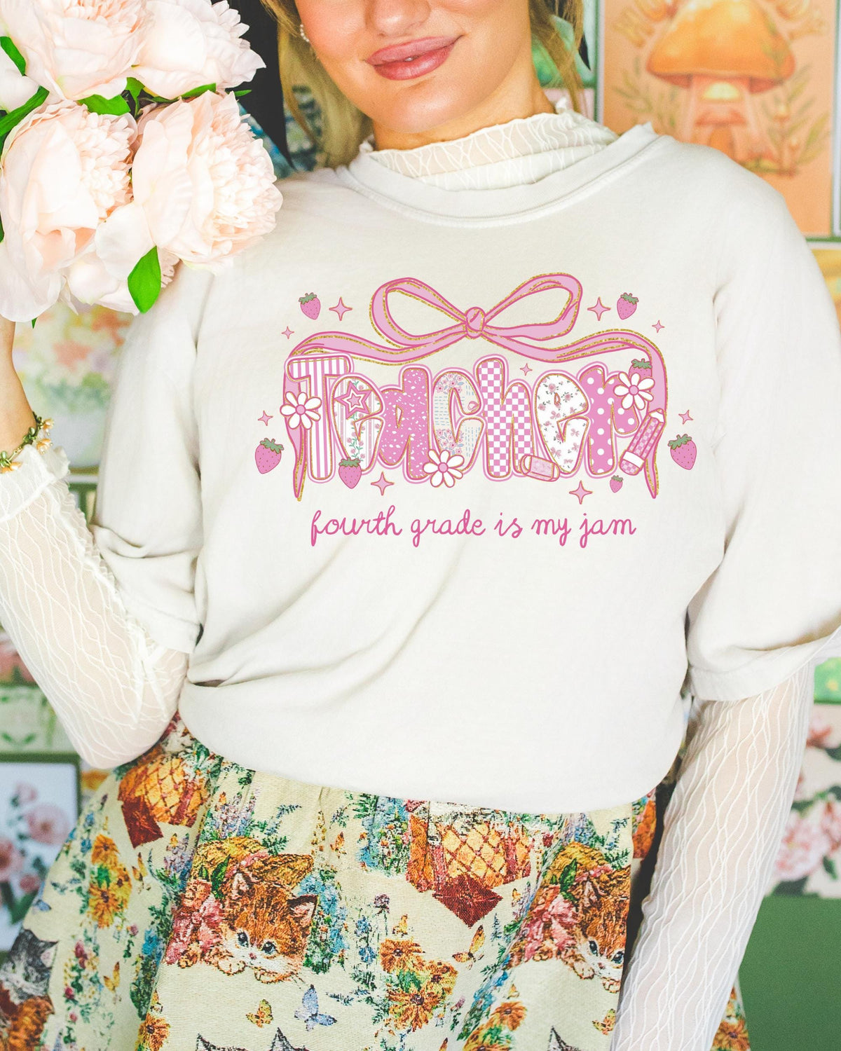 Fourth Grade Teacher Tee Shirt for Fourth Grade Squad or Crew Floral Boho Strawberry TShirt with Messy Coquette Bow Fruit Lover Teacher Graphic Tee – Easygoing Wear · High-Quality Print