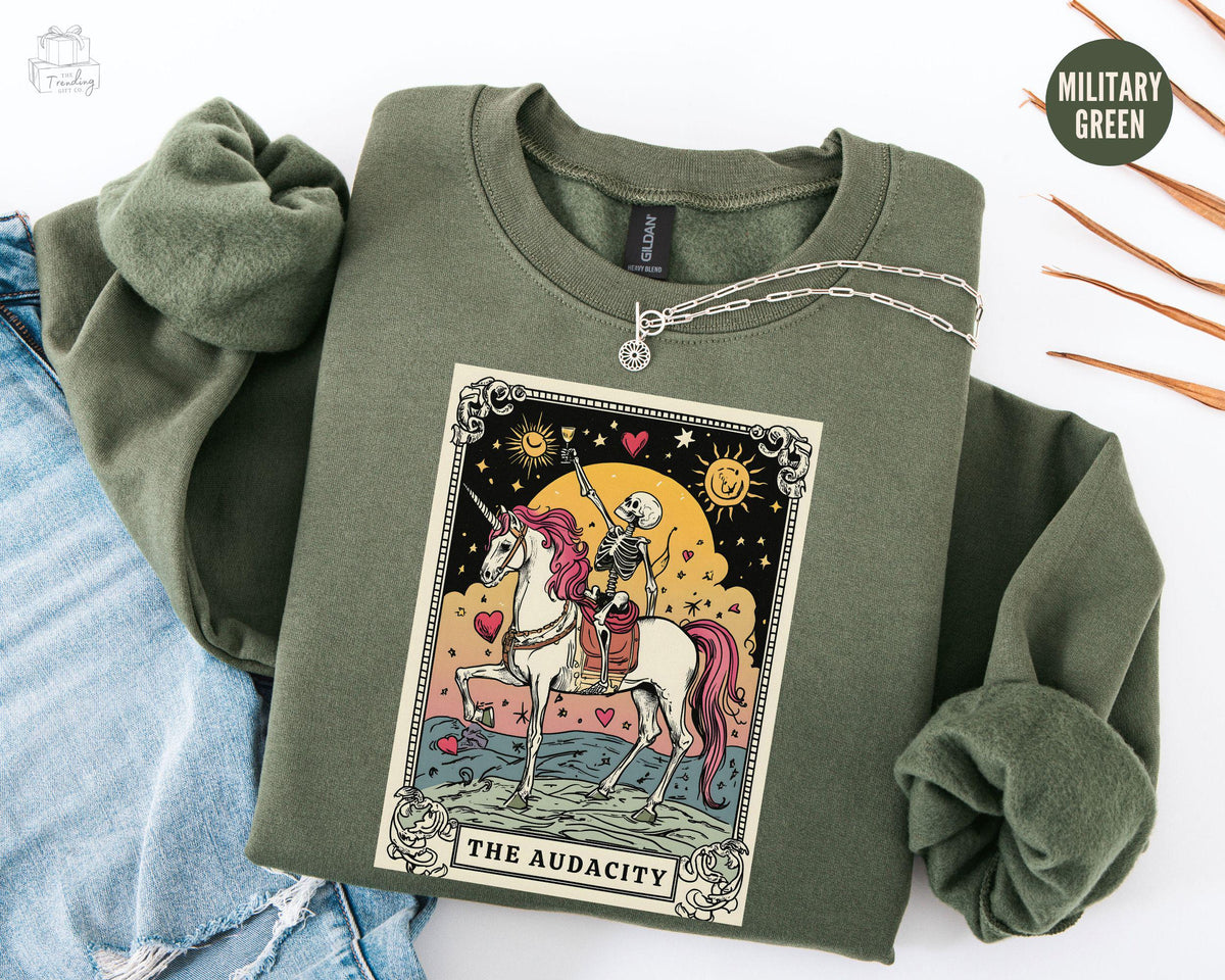 The Audacity Tarot Card Sweatshirt Sarcastic Skeleton Shirt Mystical Mama Gift Magical Unicorn Sweater Rainbow Witchy Stuff Crewneck Sweatshirt – Easygoing Wear · Trending Graphic Apparel