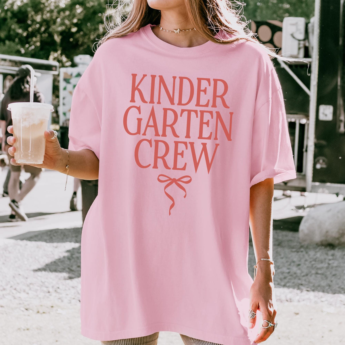 Kindergarten Crew Matching Teacher Tee Shirt with Messy Coquette Bow Colorful Kindergarten Teacher Tee for Back to School Meet the Teacher Graphic Tee – Soft Feel · Trending Graphic Apparel