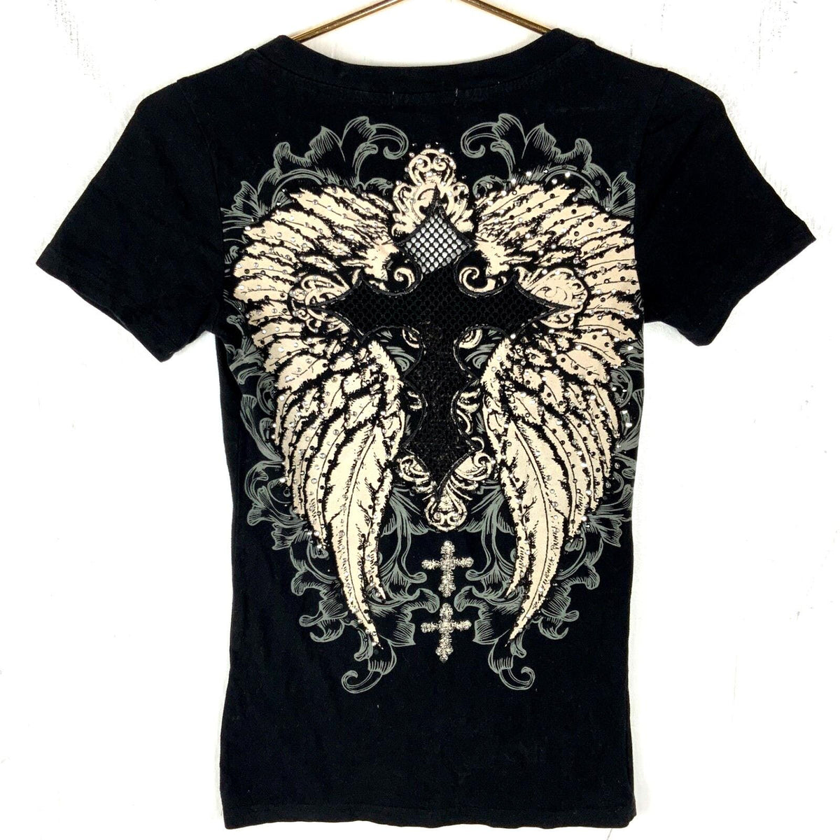 Vintage Y2k Women39s TShirt XS Black Double Sided Cross Wings Mesh Graphic Tee – Bold Style · Top Pick For Any Outfit