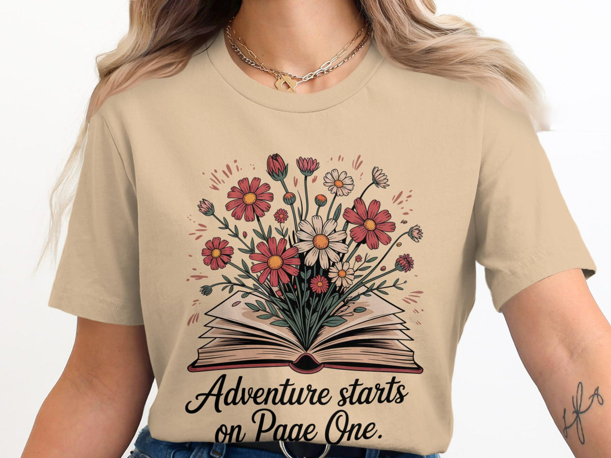 Adventure Starts On Page One TShirt Floral Book Tee Book Lover Gift Reading TShirt Daisy Shirt Bookish TShirt Adventure Tee Graphic Tee – Fan Favorite · Top Pick For Any Outfit