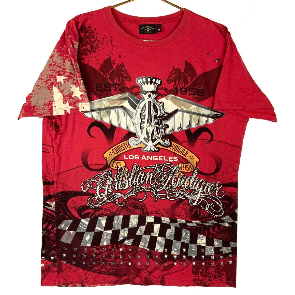 Y2K Christian Audigier TShirt Size XL Red All Over Print Studded Made In Usa Graphic Tee – Warm & Stylish · Trending Graphic Apparel