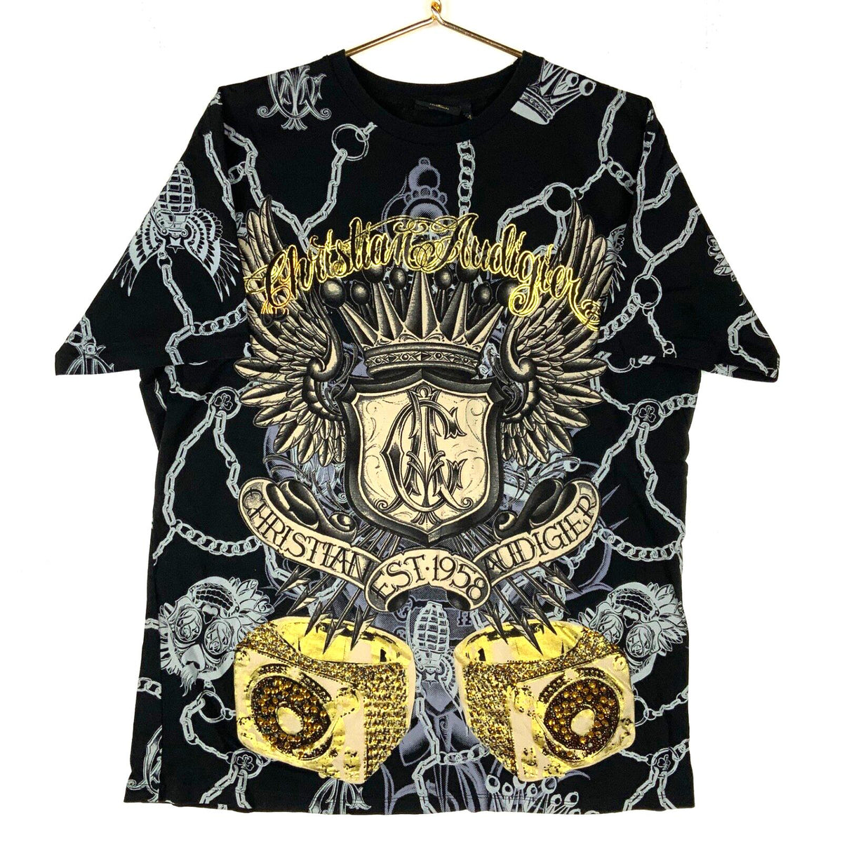 Y2K Christian Audigier TShirt XL Made Usa All Over Print Studded Skull Rings Graphic Tee – Everyday Comfort · High-Quality Print