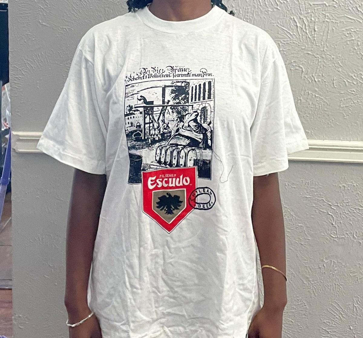 Vintage 90s Pilsner Escuudo white Tshirt modeled size M Graphic Tee – Feel-Good Design · Trending Graphic Apparel