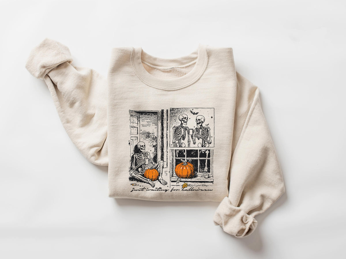 Pumpkin Skeleton Sweatshirt Just Waiting for Halloween Shirt Spooky Halloween Crewneck Cozy Autumn Gift for Her Sweatshirt – Cozy Vibes · High-Quality Print